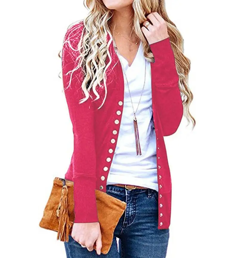 

2021Pure Color V-Neck Long-Sleeved Outer Knit Sweater Women's Cardigan Autumn And Winter Sweet Self-Cultivation Lady Jacket