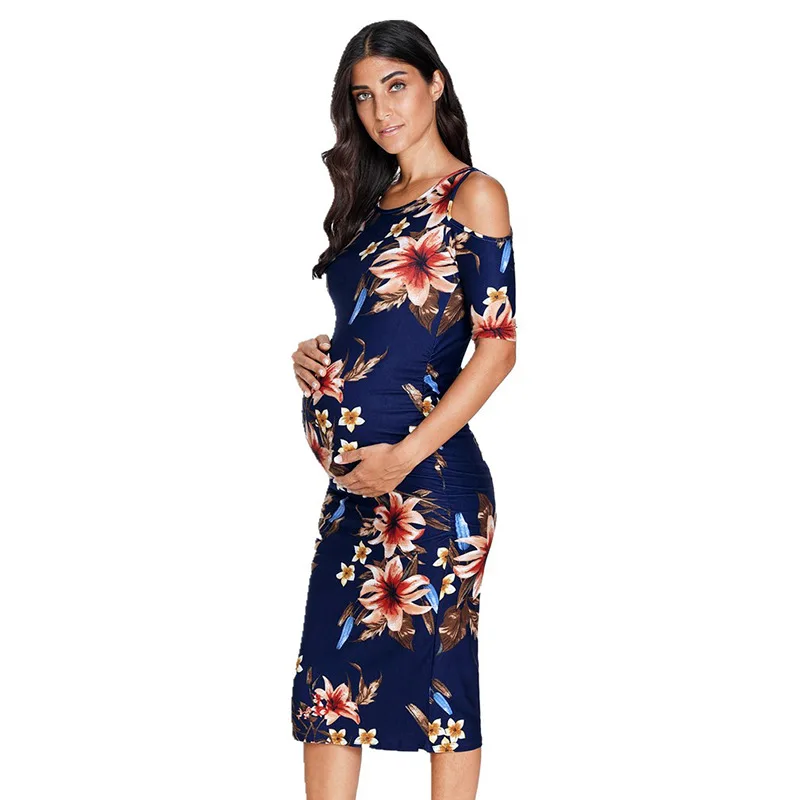 One Shoulder Sexy Short Sleeve Maternity Dress Pregnancy Dresses Flower Pregnant Knee Length Fashion Elegant Pregnant Dress