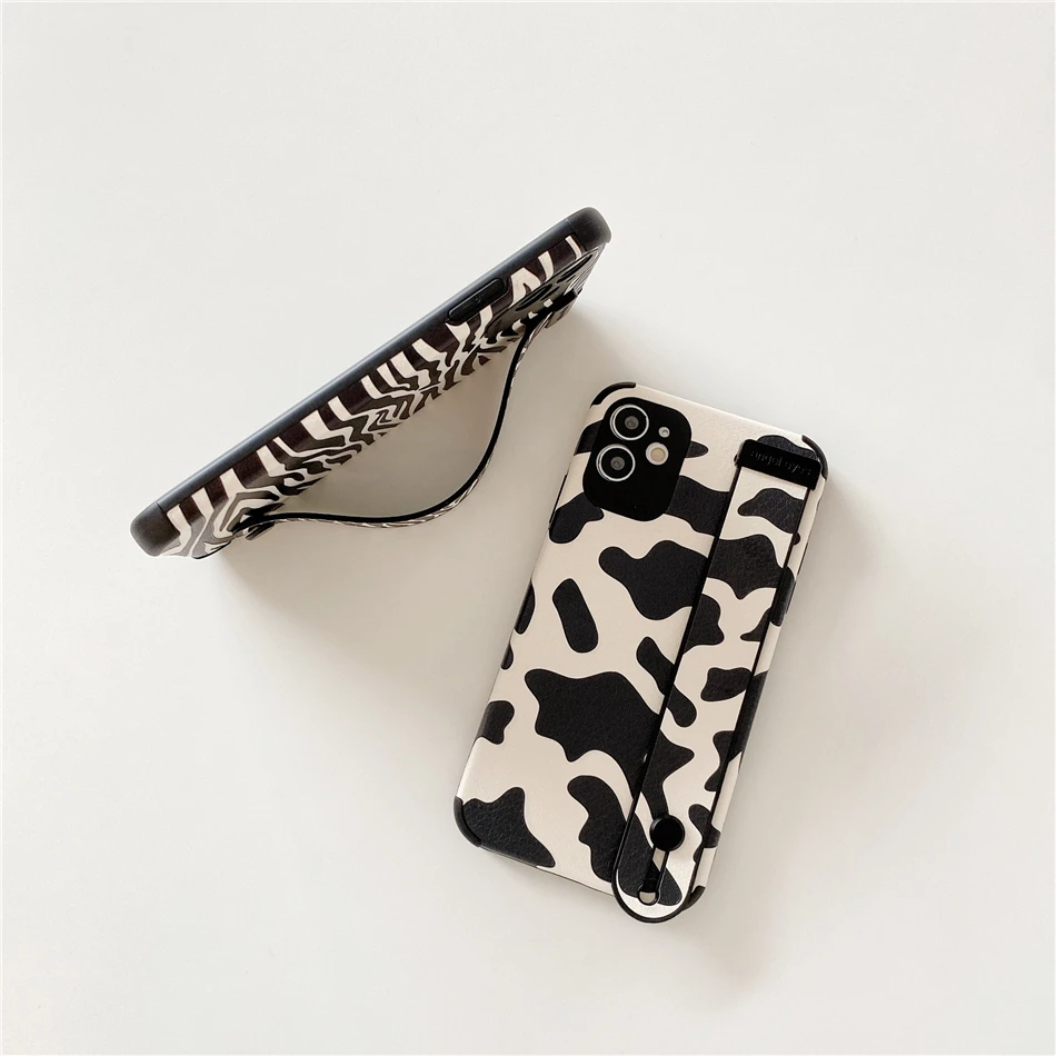 Zebra Leopard Milk Pattern PU Leather Phone Case For iPhone 13 12 11 Pro XS MAX X XR 7 8 Plus Cover Hand Band Wrist Strap Women images - 6