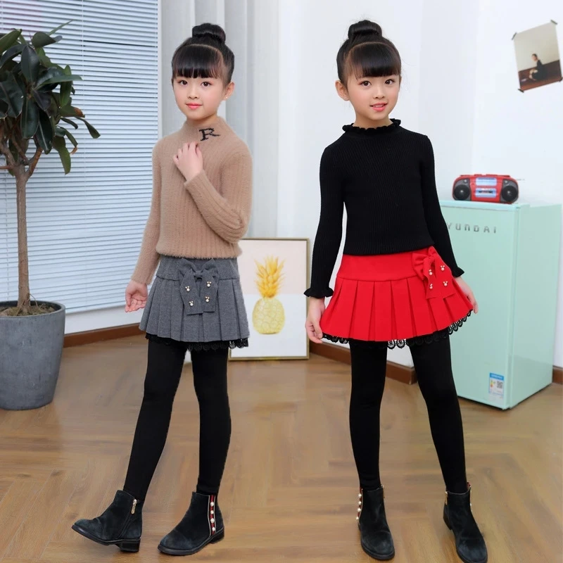 Childrens Winter Girls Warm Skirts Pants For Kids Baby Patchwork Bowknot Princess Leggings Teens Dance Pants Cake Skirt Trousers