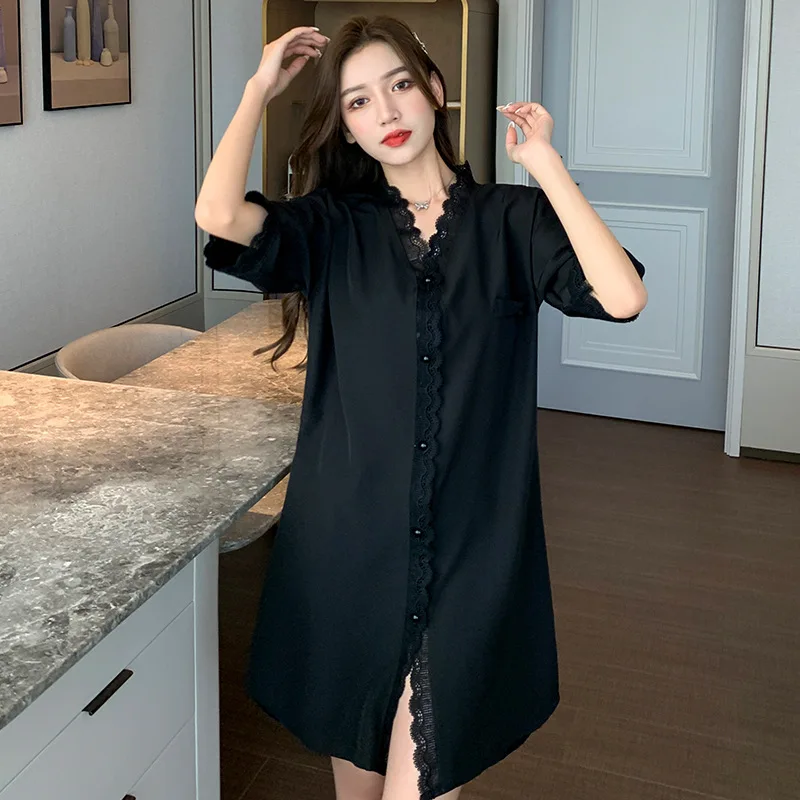 

2021Summer New Women's Nightdress Short Sleeve Chiffon Buttons Thin Lace Homewear Sexy Sleepwear Women Nightwear Sleep Tops