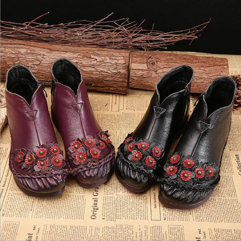 

New woman Booties Retro Genuine Leather Ankle Boots Women Insulation Boots Cowhide Flat Shoes Handmade Winter Fur Boots y35