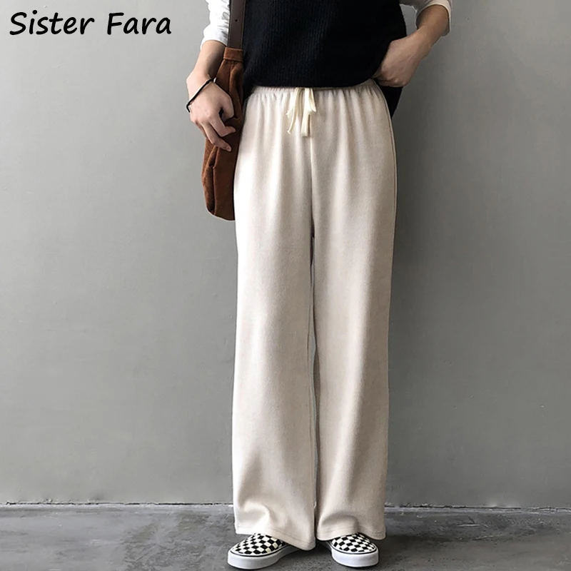 

Sister Fara Autumn Winter Loose Wide Leg Pants Women's Elastic Waist Drawstring Jogging Trousers Female Casual Straight Pants