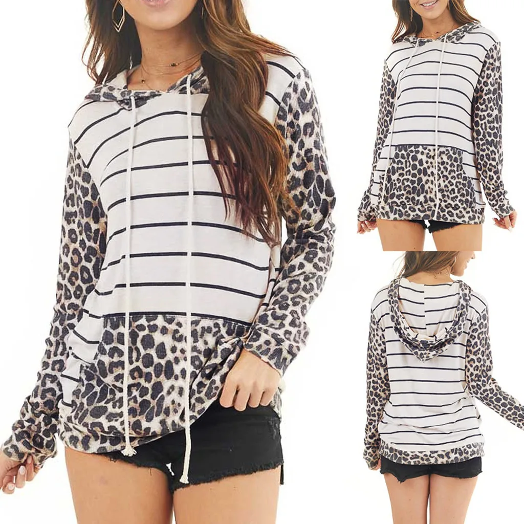 Женская толстовка в полоску с длинным рукавом леопардовая завязками карманами