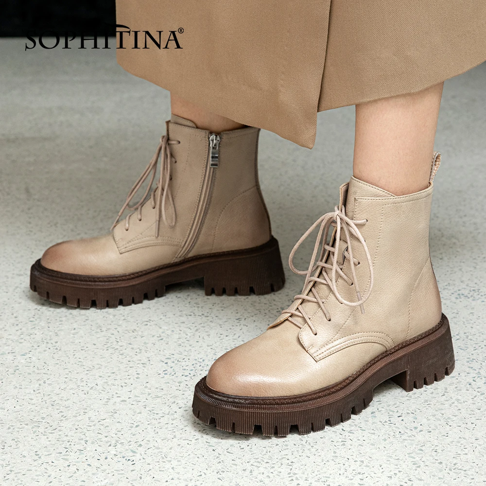 SOPHITINA Autumn/Winter Women's Boots Solid Color Commuter Work Shoes Round Toe Casual Boots Genuine Leather Female Shoes WO942