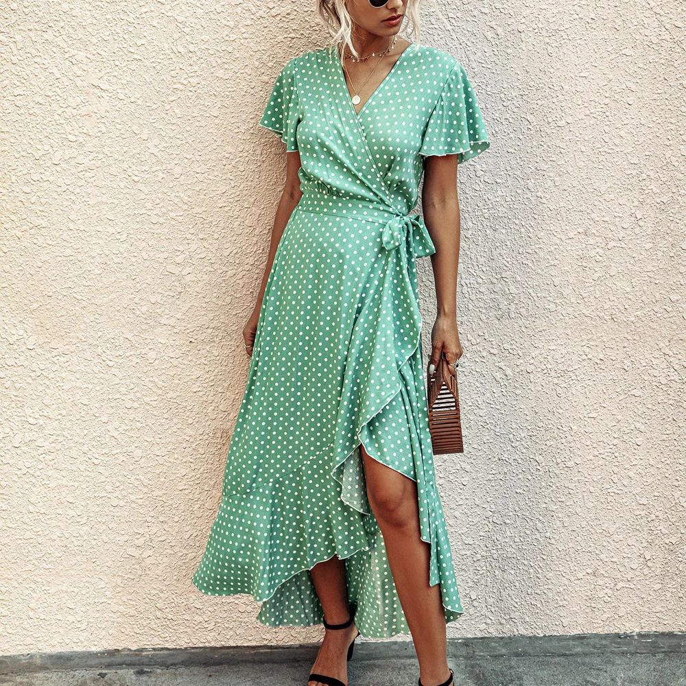 Винтажное длинное женское платье в горошек сексуальные короткие рукава с