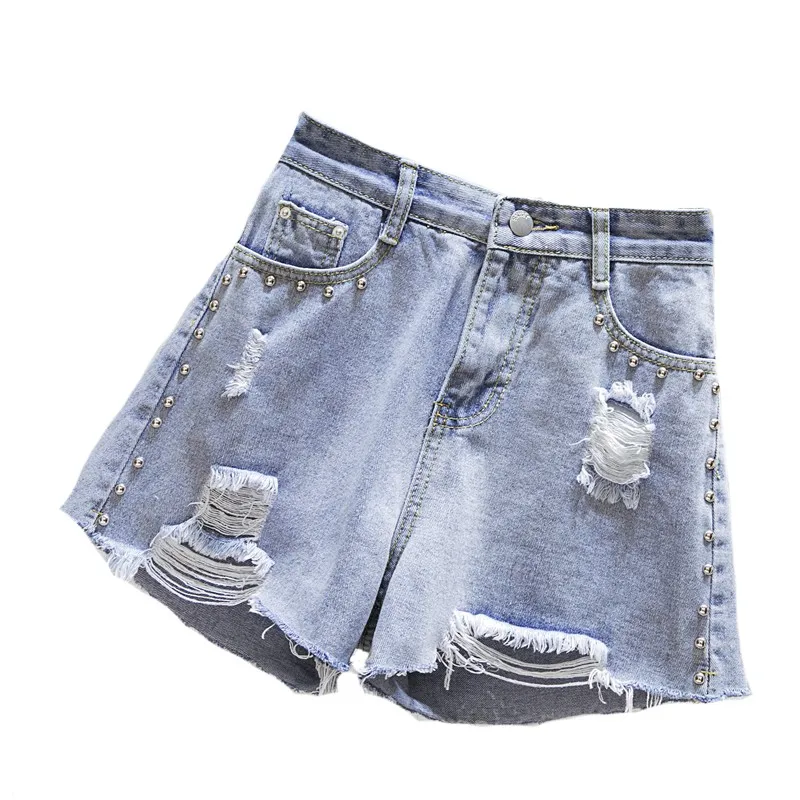 

Oversize Shorts Korean Elastic Waist Loose Nail Bead Hole Wide Leg High Waist short Pants Women's Fashion 2021 Summer Shorts