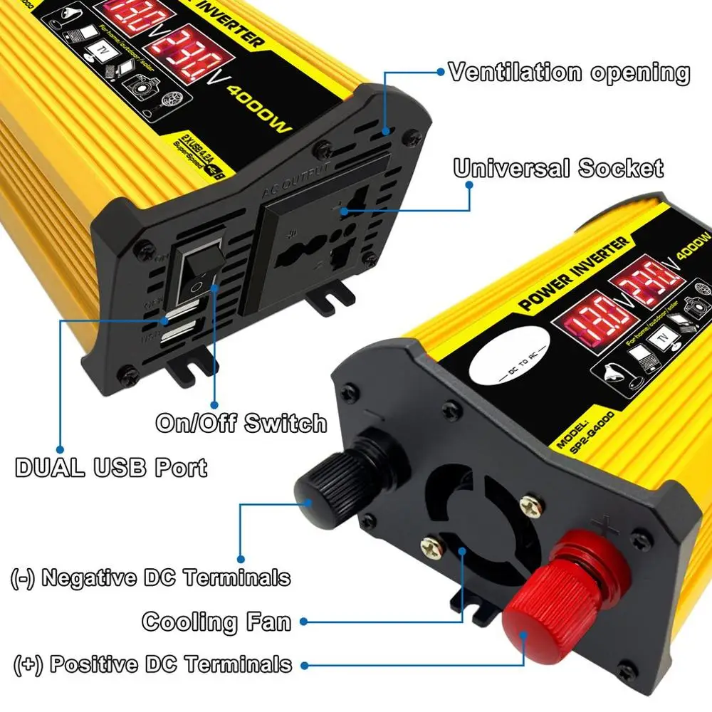 Пик 4000W 12V постоянного тока до 220V/110V Светодиодный Дисплей автомобиля Мощность