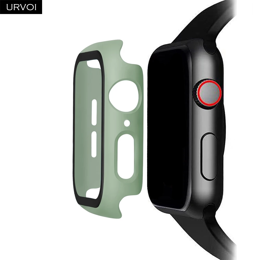Mint URVOI полное покрытие для Apple Watch series 5 4 3 2 Чехол 40 44 м матовый пластиковый бампер с закаленным стеклом для iWatch Pine Green band - Цвет: Mint