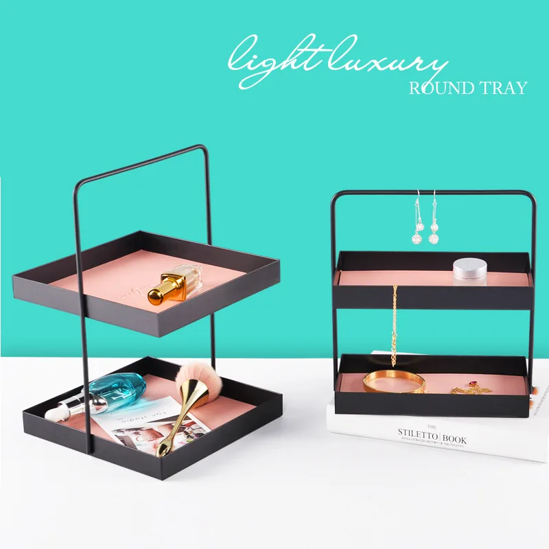 2 Layer Metal Leather Geometric Storage Tray Matte Cosmetic Jewelry Display Plate Home Desktop Finishing Decoration Serving | Дом и сад