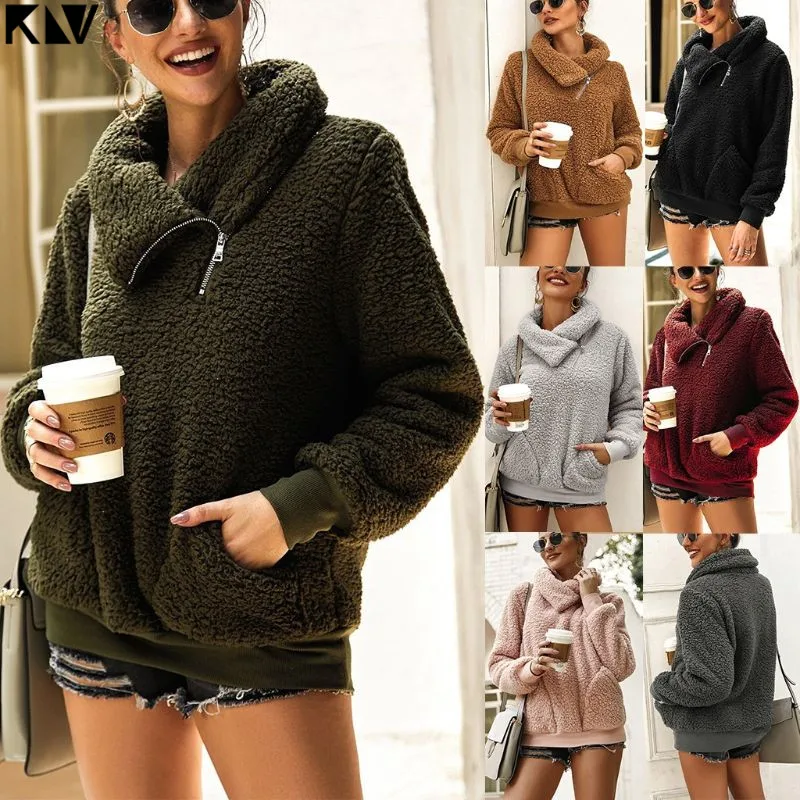 

KLV Women Winter Autumn Zipper Fannel-Neck Long Sleeve Sweatshirts Hoodies Pockets Fleece Sherpa Pullover Ladies Hoody Outwear