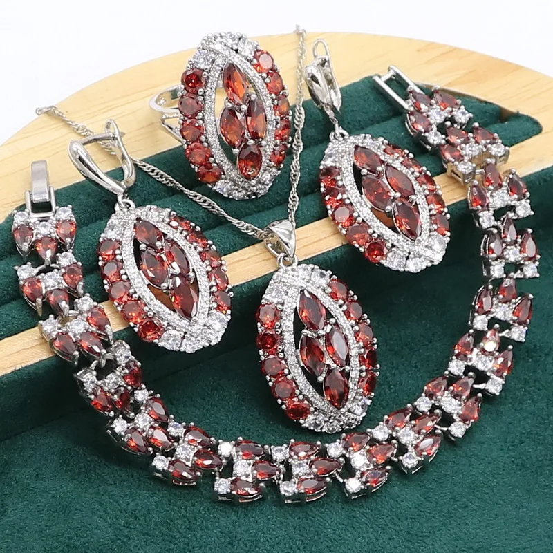 

Красный Гранат 925 серебро набор украшений для женщин свадебный браслет серьги ожерелье кулон кольцо подарок на день рождения