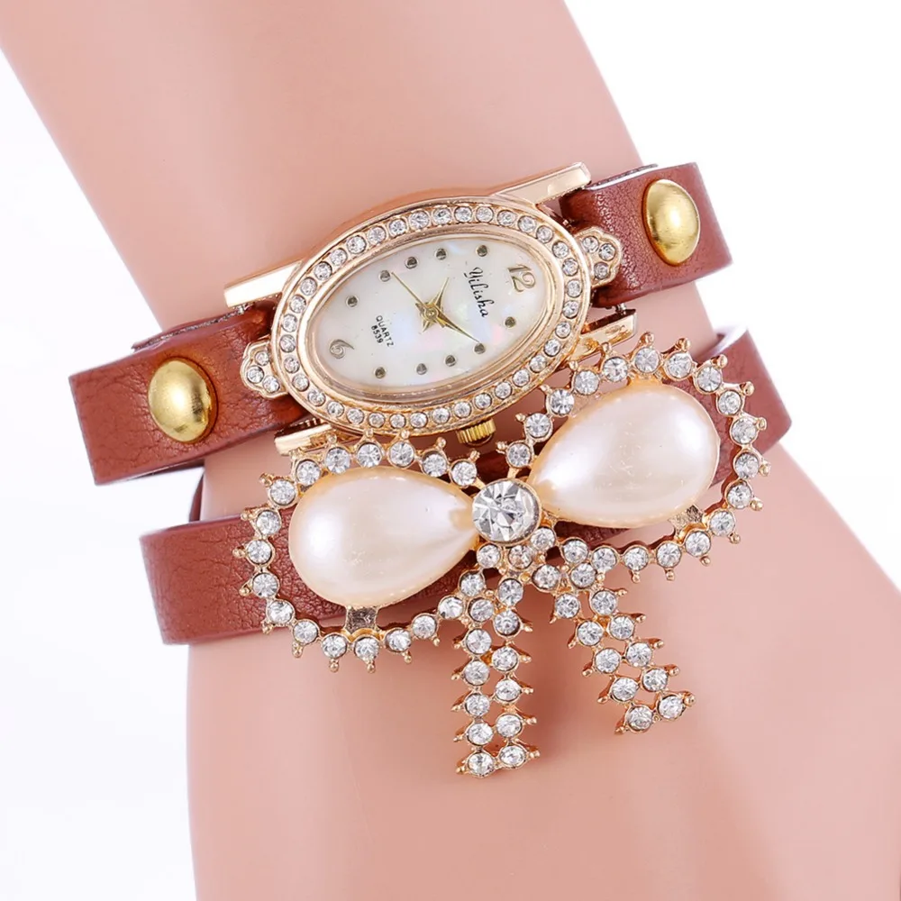 Новинка 2020 модные женские часы со стразами с бантом и опалом кожаным браслетом