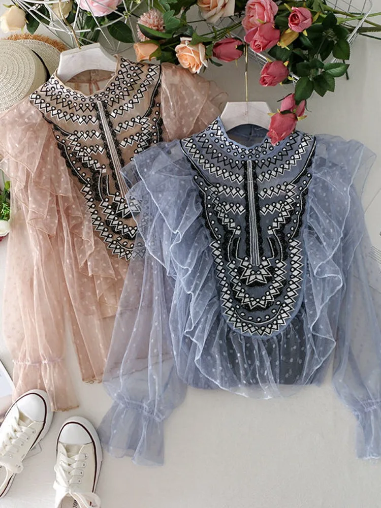 

Chic Lace Patchwork Ruffles Blouse Sexy Perspective Single Breasted Blusas O Neck Puff Long Sleeve Shirt Party Fall 48158