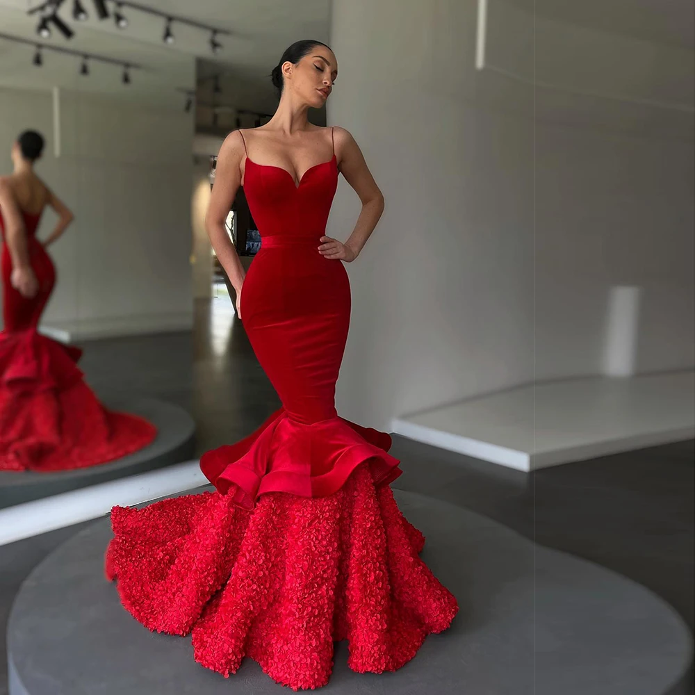 

Laxsesu Red Evening Dresses Sexy Sweetheart Spaghetti Straps Party Prom Dress 2022 Sweep Train Satin Ruffles Mermaid Prom Gowns