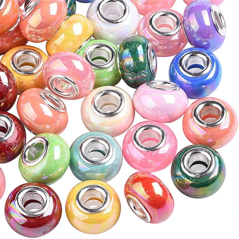

10Pcs Mixed Color Silver Plated Big Hole Round Loose Resin European Spacer Beads Charm Fit Pandora Bracelet DIY Jewelry Making