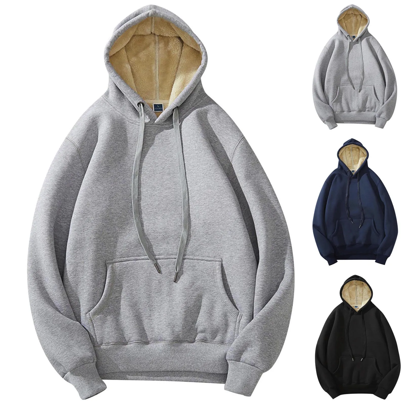 

Новинка 2021, однотонный простой пуловер с капюшоном, толстая плюшевая одежда для отдыха на осень и зиму, Мужской Топ, верхняя одежда, корейски...