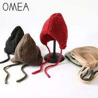 omea women felt hats solid color cotton knitted beanie hat with ties earmuffs winter hats for women skullie cap hat pullover hat