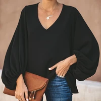 plus size long lantern sleeve chiffon shirt women spring summer fall solid color v neck loose blouse female fashion casual tops