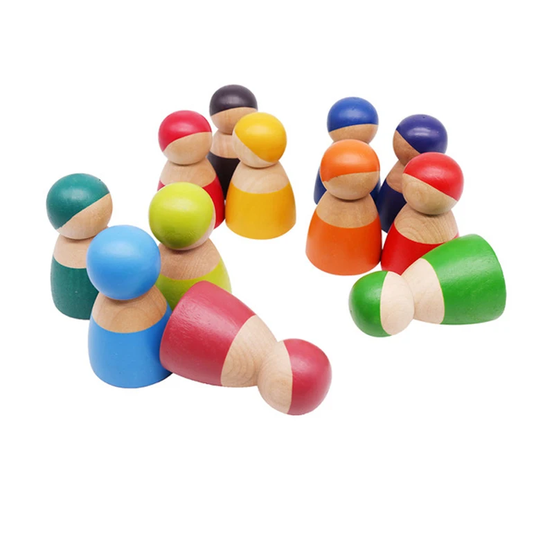 

Montessori Set Of 12 Rainbow Friends Peg Dolls Wooden Pretend Play People Figures Baby Toy Environmental Safety Paint