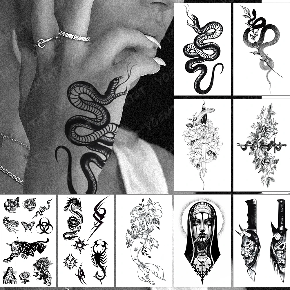 

Black Snake Waterproof Temporary Tattoo Sticker Scorpion Butterfly Old School Totem Tatoo Women Wrist Body Art Fake Tatto Men