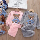 Комплект одежды для маленьких мальчиков и девочек, Теплый Бархатный комплект одежды с медведем, зимняя футболка с капюшоном, верхняя одежда, куртка, штаны, детские комплекты одежды