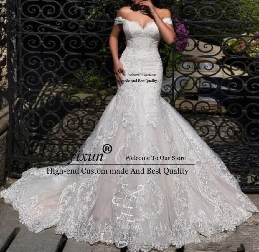 Винтажное свадебное платье Русалка с открытыми плечами кружевной корсет