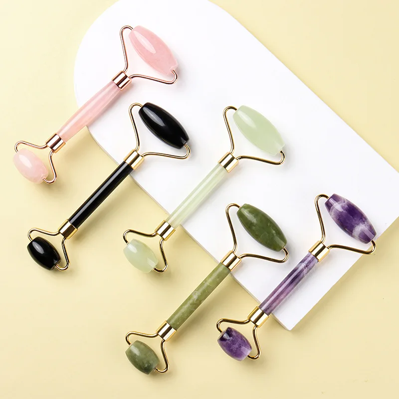 Массажер для лица похудения розовый КВАРЦЕВЫЙ ролик натуральный нефрит