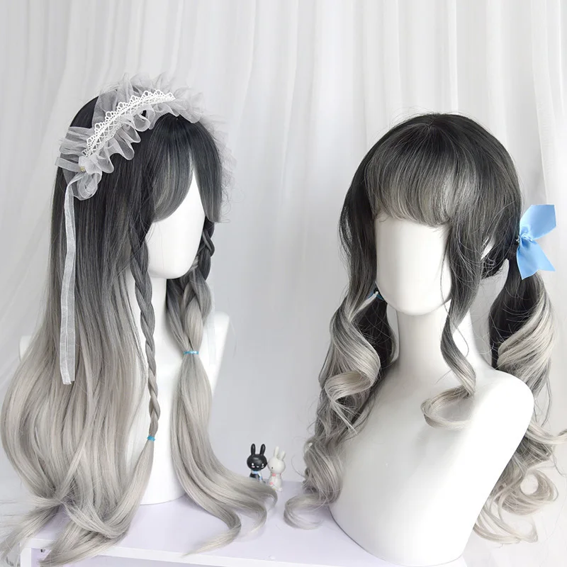 

Temperament, slanting bangs, long straight hair, curly hair, daily lolita dyed ink silver wig female
