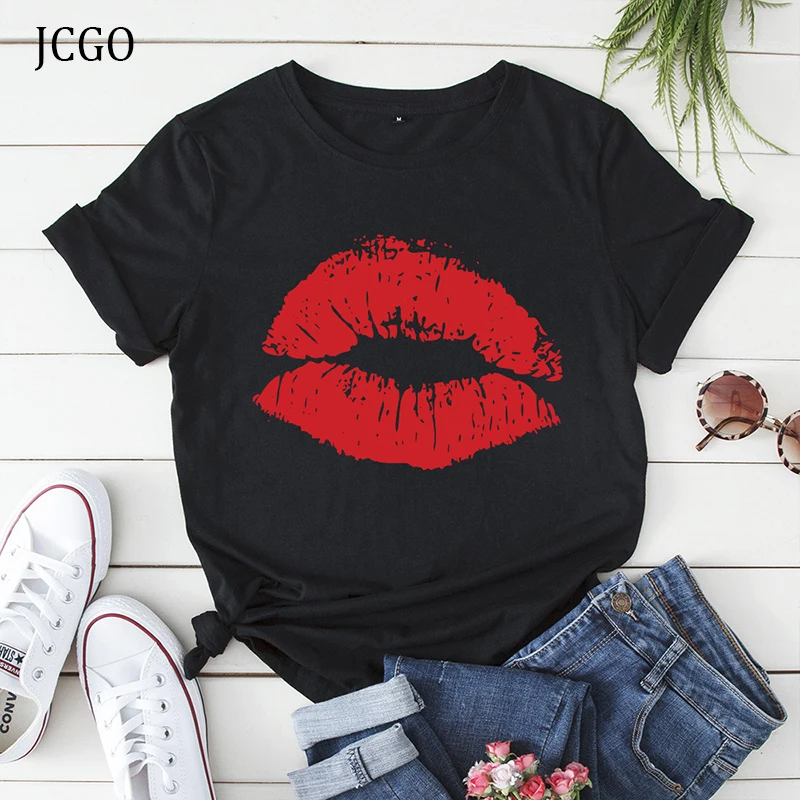 

Летняя футболка JCGO, женская футболка с круглым вырезом, женская футболка из 100% хлопка с принтом сексуальных губ, универсальная модель, модны...