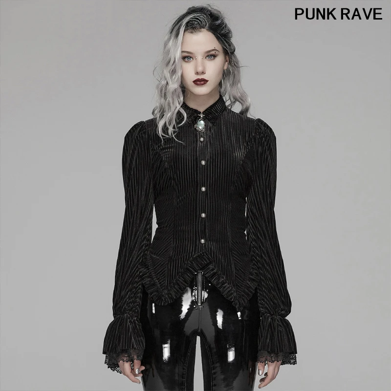 

Gothic Party Club bandage stripe Long Sleeve slim Women Shirt Fashion Dark-Grain Velvet lace Elastic Blouse PUNK RAVE WY-1041CCF