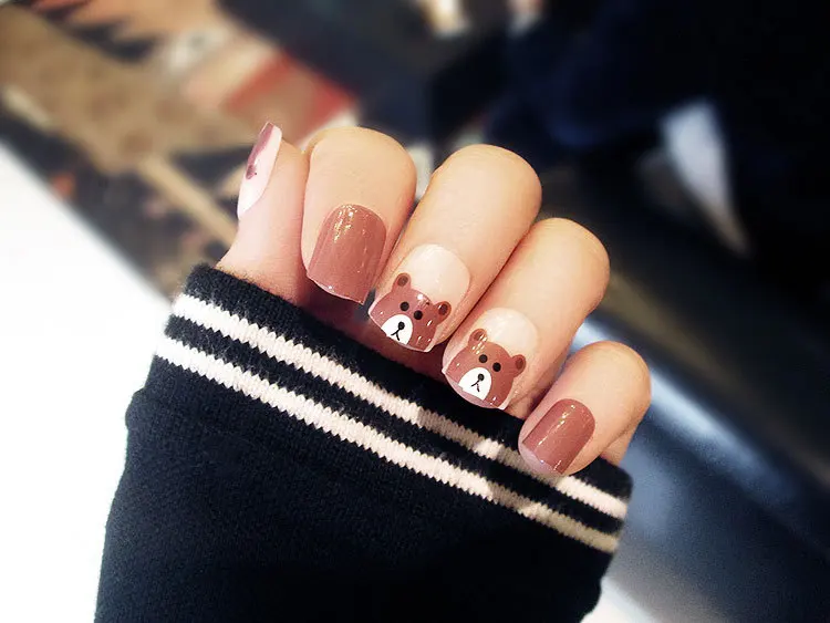 New 24pieces Brown Bear Cute 3D Acrylic Classical Plastic Art Short Fake false Sticker Nail Tips Free Glue Gel [N311]