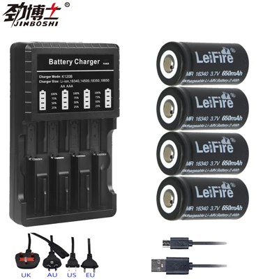 4X B and Charger 4X16340 650mah 3,7 v cr123a 16340 аккумуляторная батарея rcr123a 16340 литиевые батареи+ 4-слот, зарядное устройство для фонарика - Цвет: 4X B and Charger