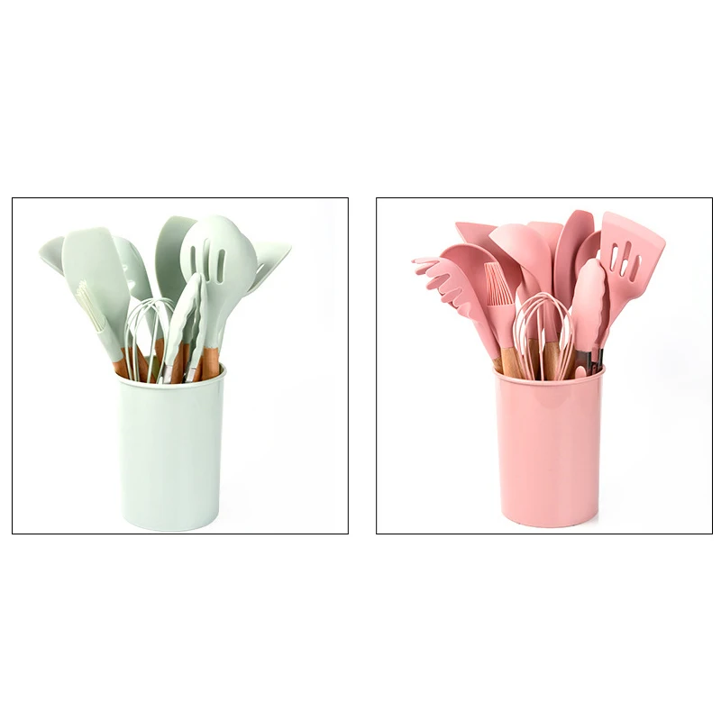 

12PCS Silicone Cooking Utensils Set Non-stick Spatula Shovel Wooden Handle Cooking Tools With Storage Box Kitchen Accessories
