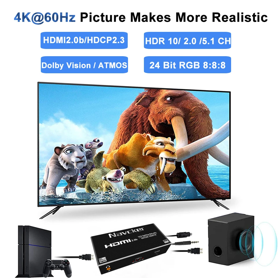 Разветвитель Navceker HDMI 1x2 4K разветвитель аудио экстрактор 1 в 2 выхода кабель
