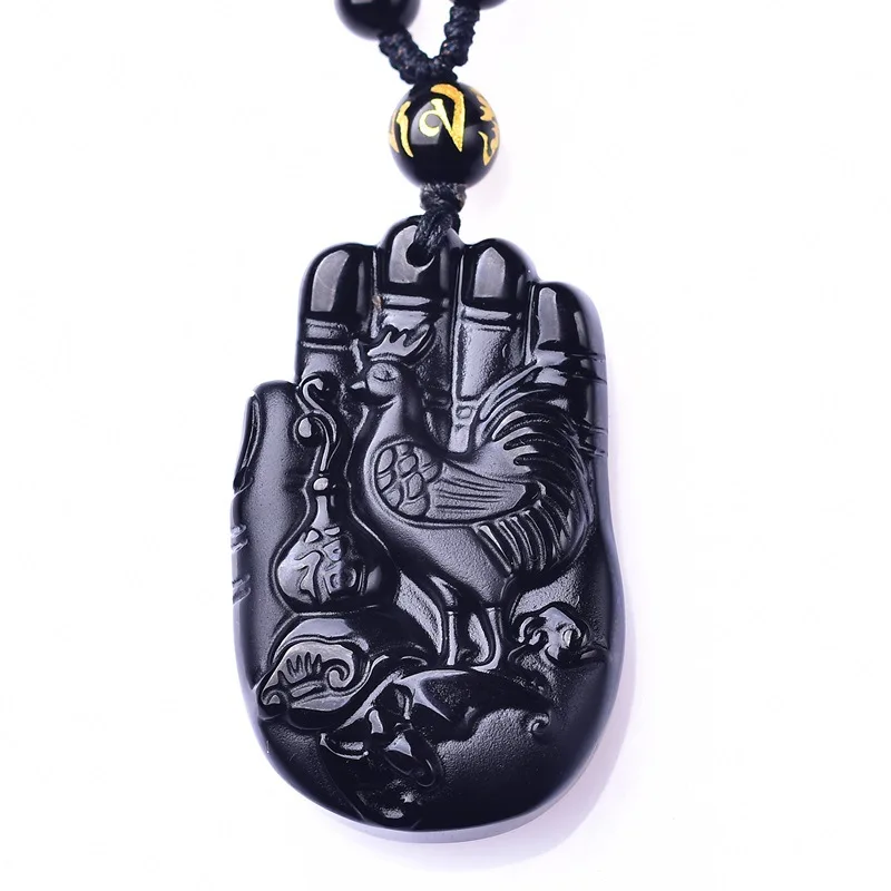 

Wholesale Black Natural Obsidian Stone Pendants Carved Buddha Hand Chicken Lucky Amulet Pendant Necklace For Women Men Jewelry