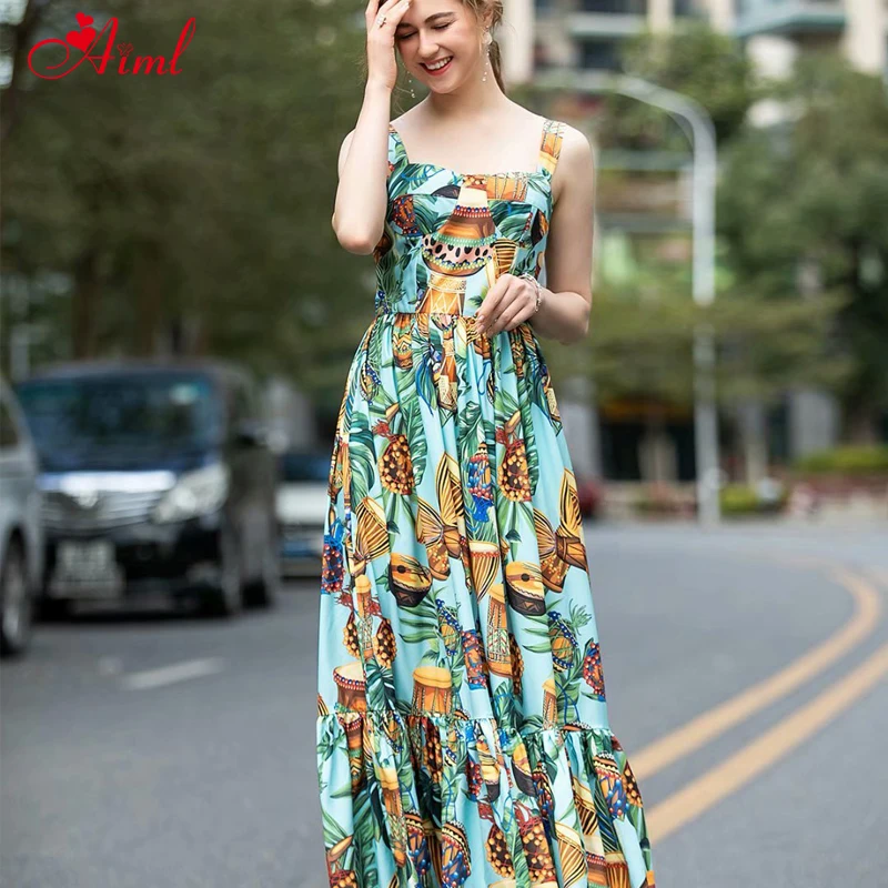 

Designer 2020 Fashion Runway Summer Beach Vacation Spaghetti Strap Women's Long Dresses Print Pattern Ruffles Vintage Dress New
