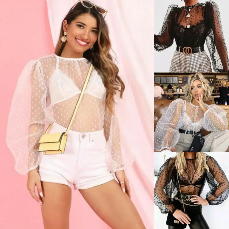 Женская прозрачная рубашка в горошек сетчатая блузка с длинным рукавом и