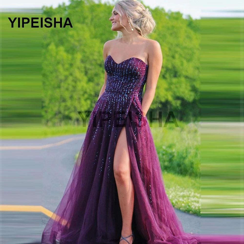 

Elegant Purple Sweetheart Long Evening Dresses Rhinestone A-Line Tulle High Slit Prom Dresses Formal Party Gowns