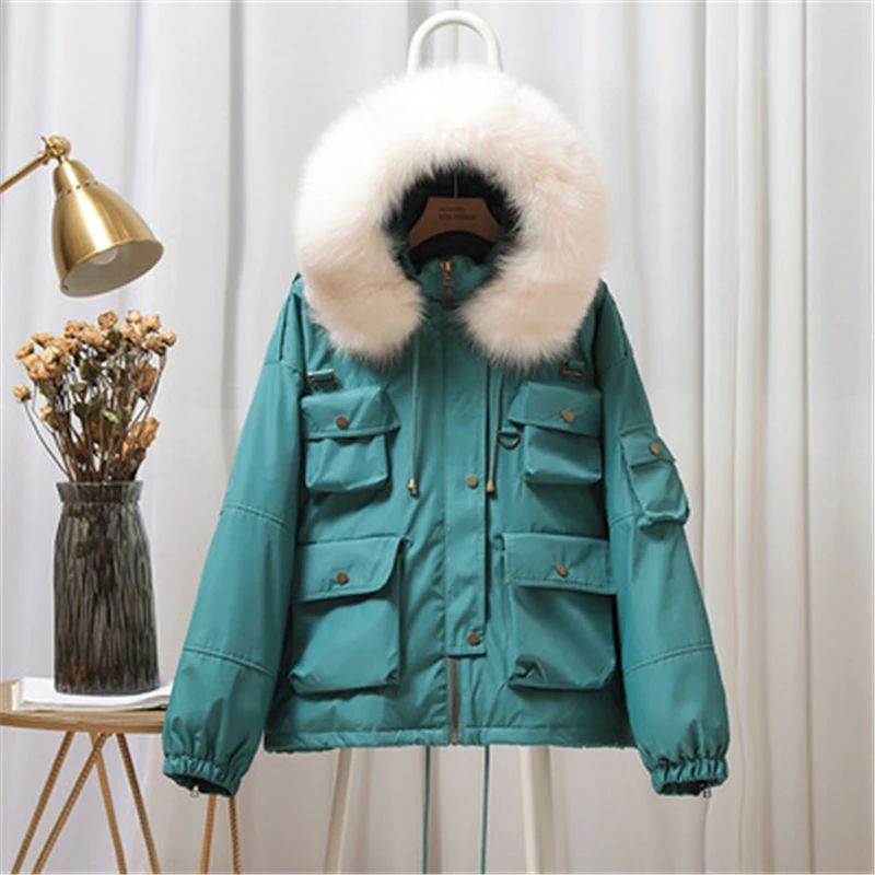 New Women's Down Coat Winter White Duck Down Coat Loose Oversize Big Fur Collar Tooling Women Coat Fashion Girls Jacket N415
