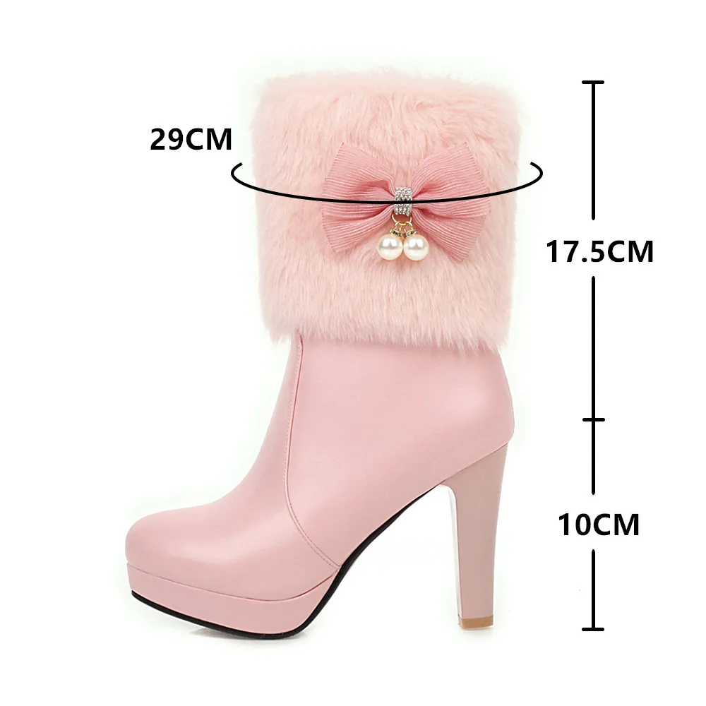 Женские зимние модные ботинки на высоком каблуке с теплым мехом Модель 2020 года