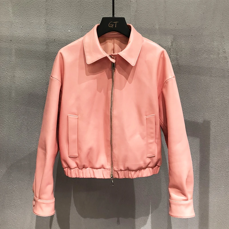 Оранжевое розовое пальто из овчины с отворотом простая кожаная куртка свободный