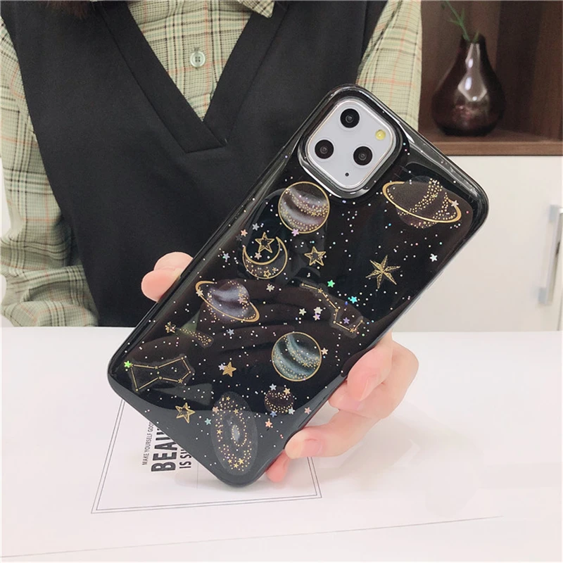 Блестящий чехол для телефона с изображением космоса планеты звезд Луны iphone 11 Pro X