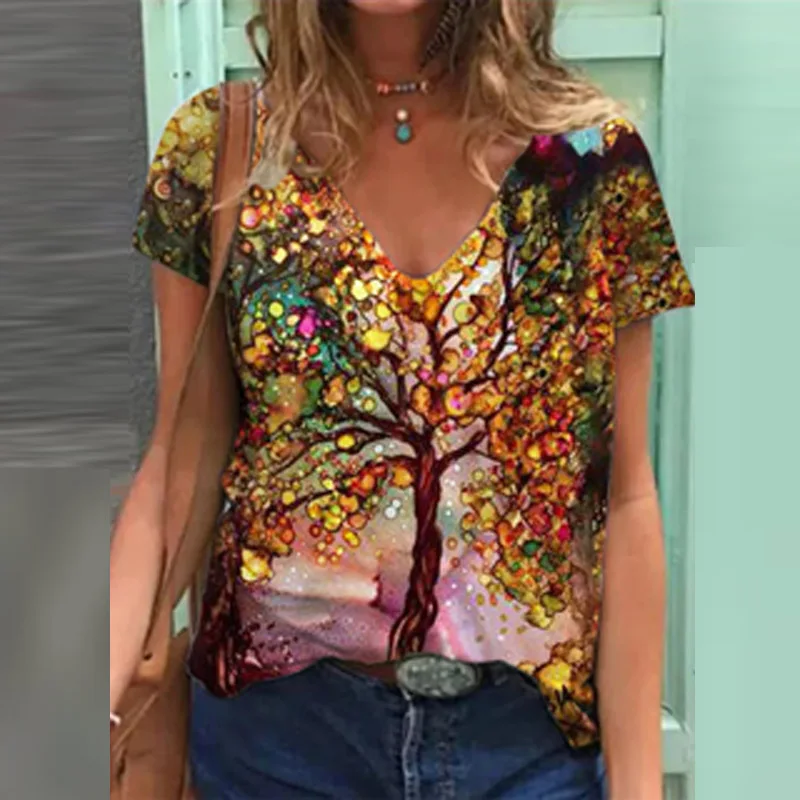 

2021 сезон: весна-лето футболка с коротким рукавом и v-образным вырезом женские красочные дерево свободные топы с принтом пуловер Женский Своб...
