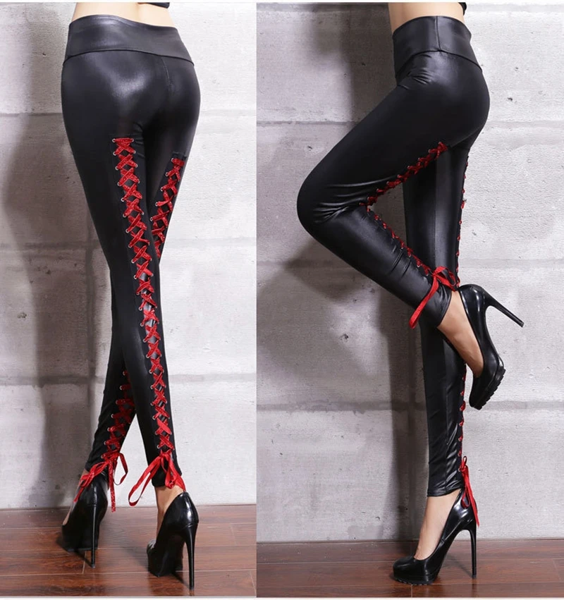 

Women Sexy Wetlook Faux Leather Lingerie Exotic Lace up Pants PU leggins Latex Catsuit PVC Clubwear Costume Lady Fetish Trousers