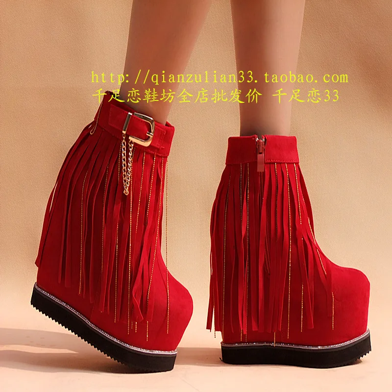 Autumn and winter fringed boots inside thickening 15 cm ultra high heel Women's in the tube muffin bottom female snow boot | Обувь