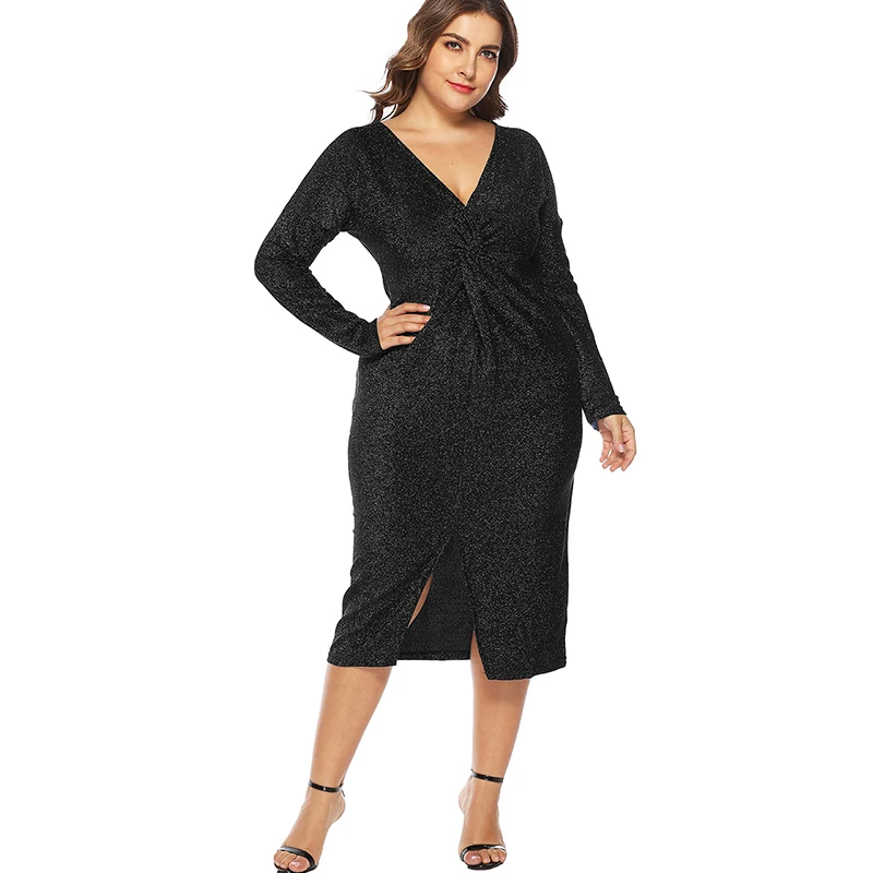 Осеннее женское блестящее платье с V образным вырезом и длинным рукавом