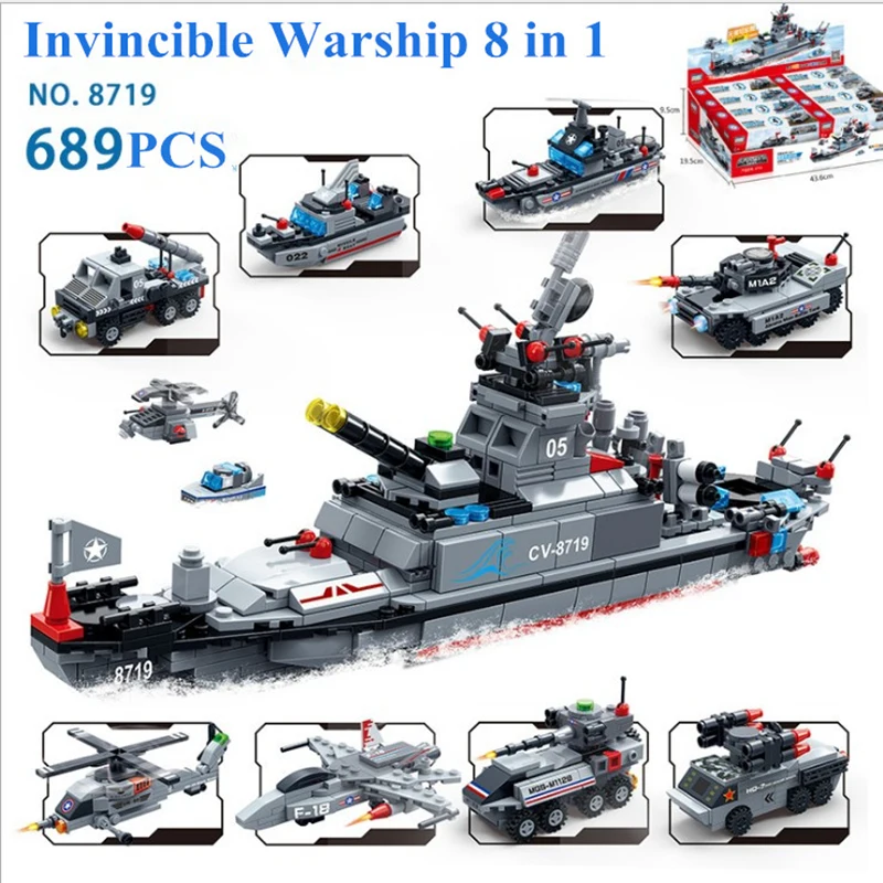 

GUDI 8 IN 1 Military Battleship Building Blocks Missile Boat Battle Tank Helicopter Vehicle educational Building Toys for kids
