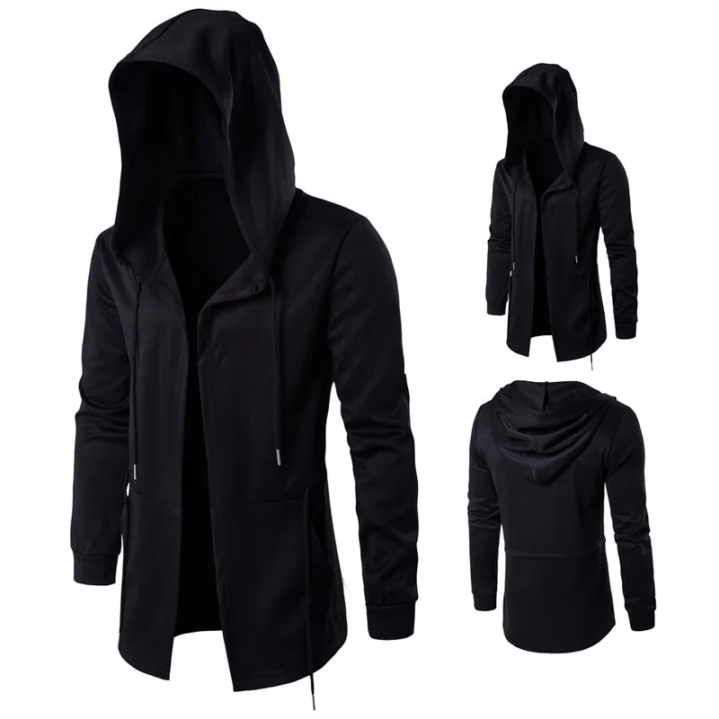 

Mens Autumn Pure Black Hoodies Casual Fashion Wizard Cape Cardigan Jacket Male Long Sleeve Thin Oversized Sweatshirt
