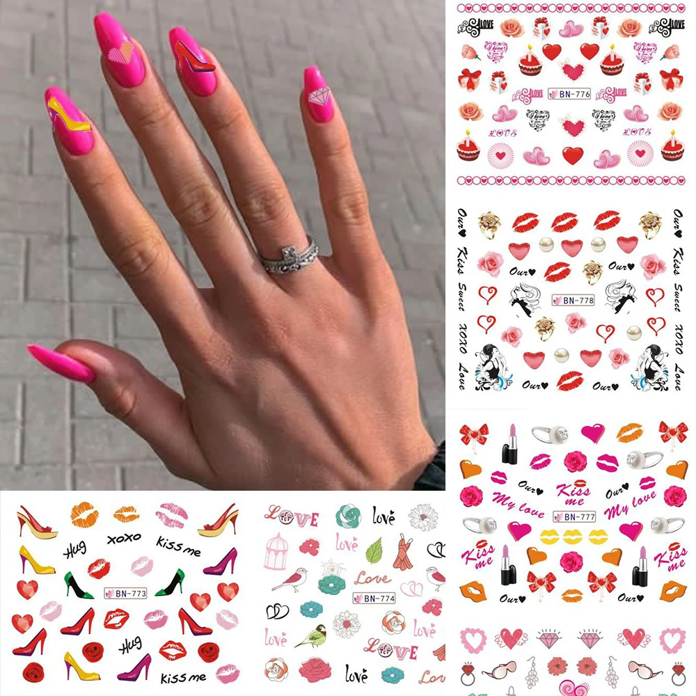 

12pcs Valentines Manicure Love Letter Flower Sliders for Nails Inscriptions Nail Art Decoration Water Sticker Tips